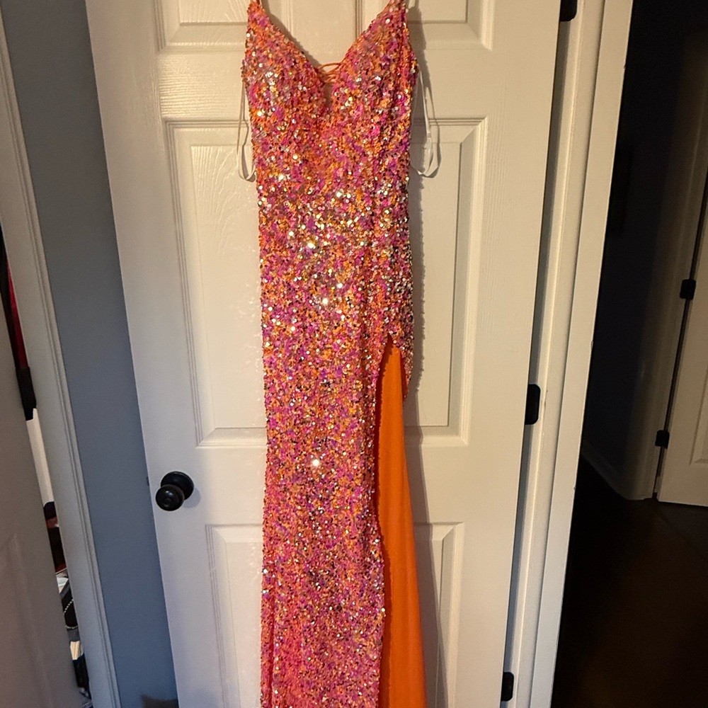 Elegant Pink and Orange Sequin Prom Dress